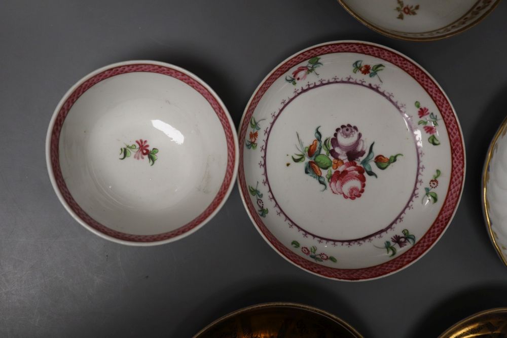 A pair of Miles Mason blue and gilt teacups and saucer, a documentary London handle cup and saucer pattern 2/1486 dated 1825